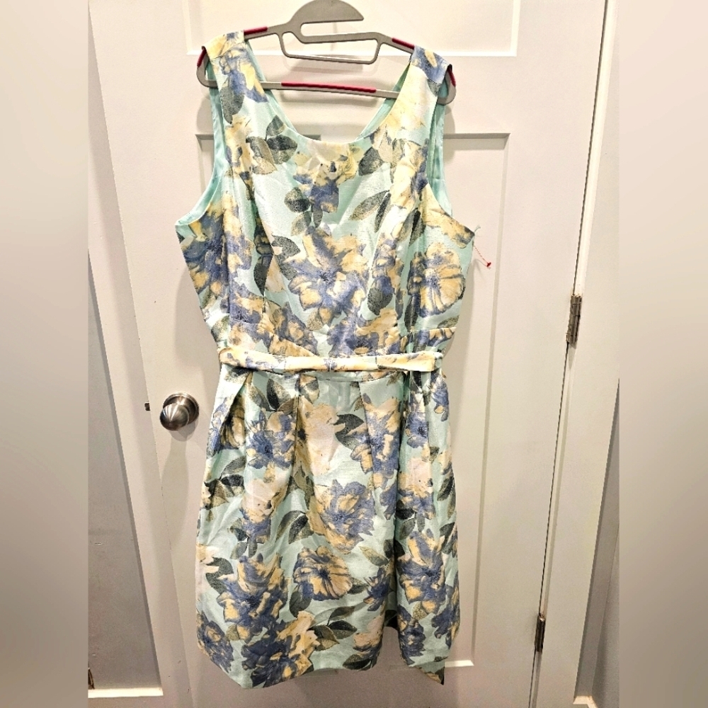 Jessica Howard 22W Floral Fit & Flare Sleeveless Dress Aqua Blue Yellow
